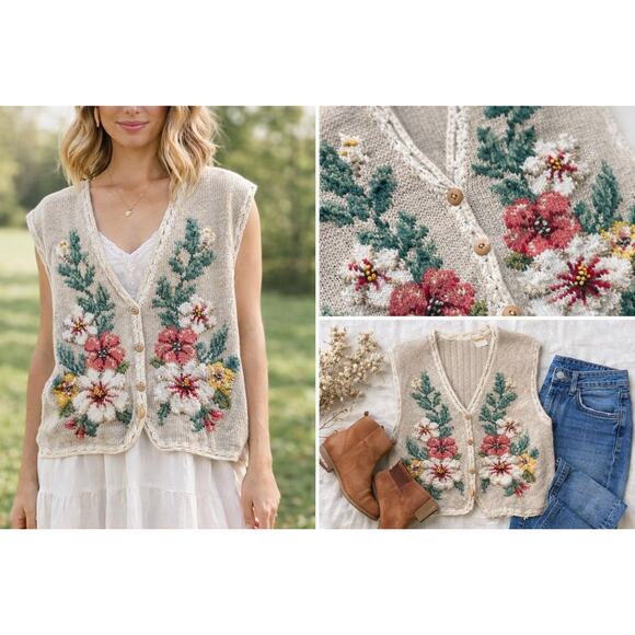 Vintage Marisa Christina XL Floral Knit Vest Cottagecore Boho Grandma Core - Picture 5 of 6